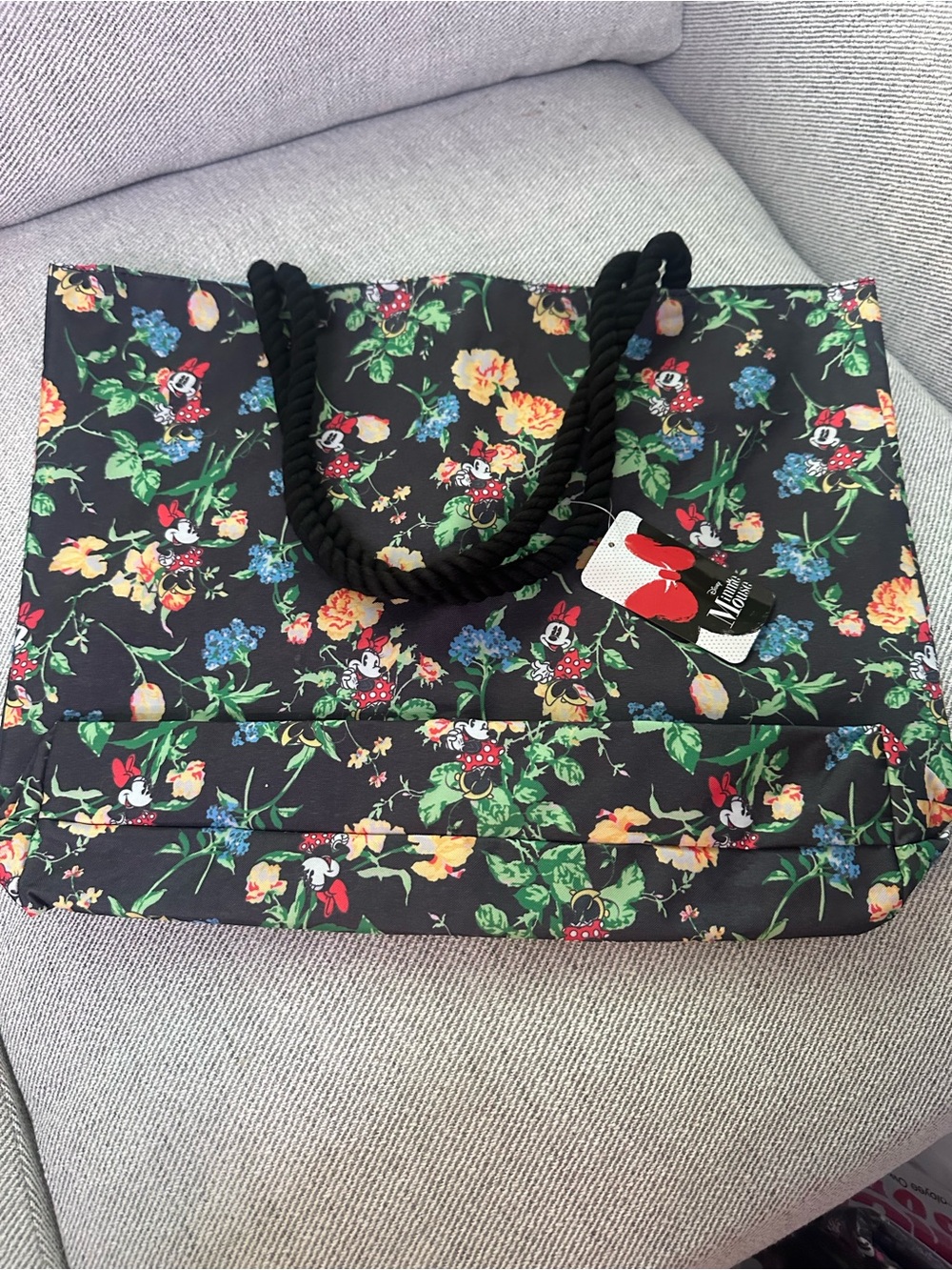 Black Floral Tote Bag with Rope Handles